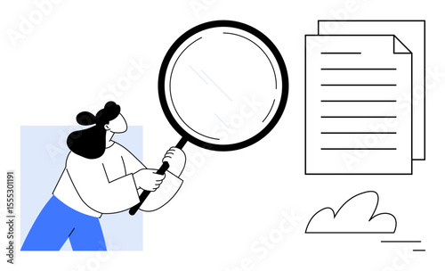 Woman holding magnifying glass inspecting stacked documents symbolizing research, analysis, or attention to detail. Ideal for analytics, education, exploration, review, study, learning simple