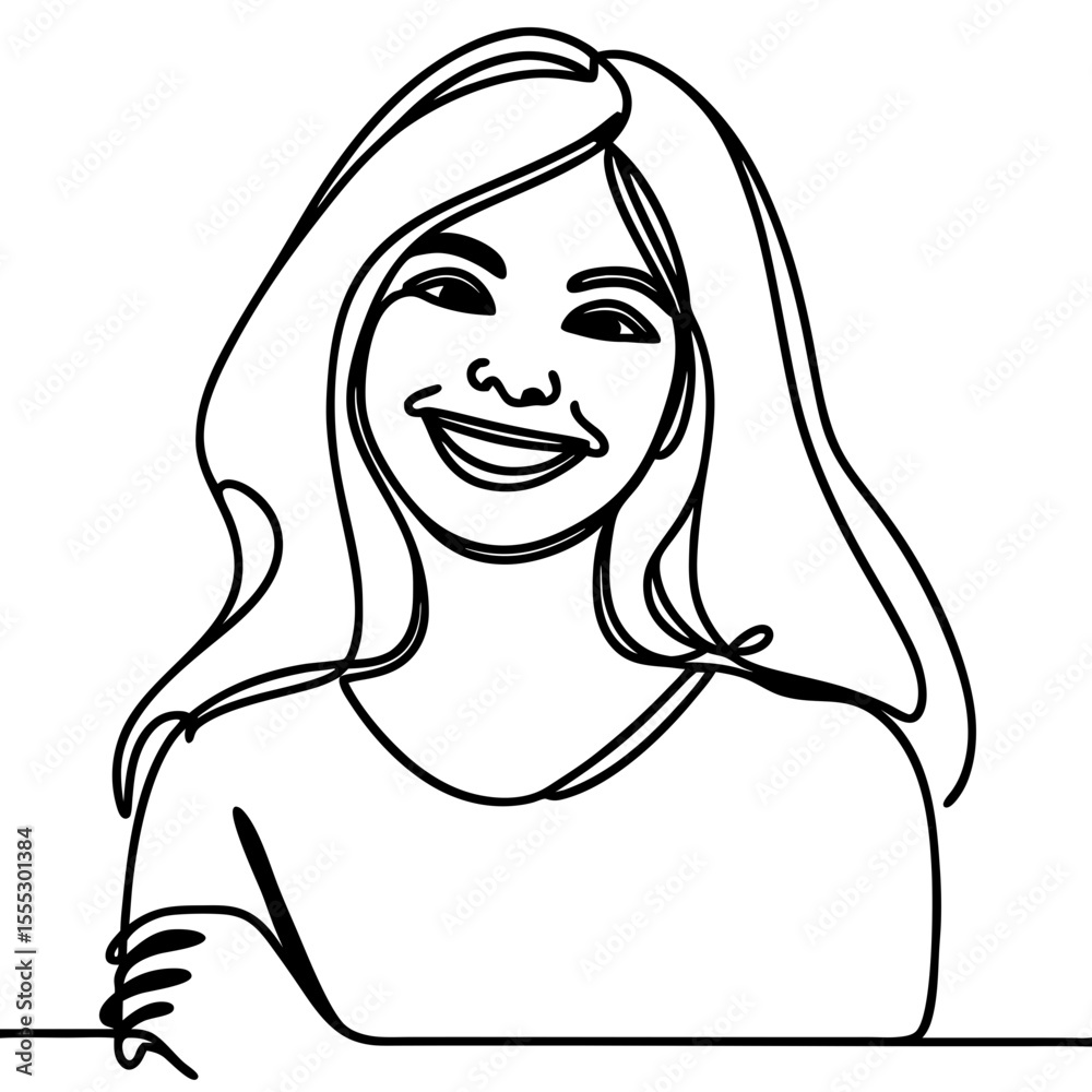 Smiling woman happy face one continuous line drawing art icon. Minimalist style female adult portrait simple abstract contour vector illustration for design