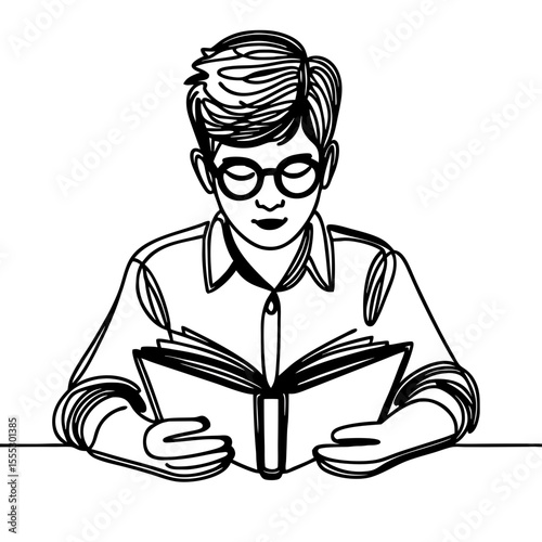 Young man with glasses reading an open book, symbolizing education, knowledge, and continuous learning. Single line art vector illustration