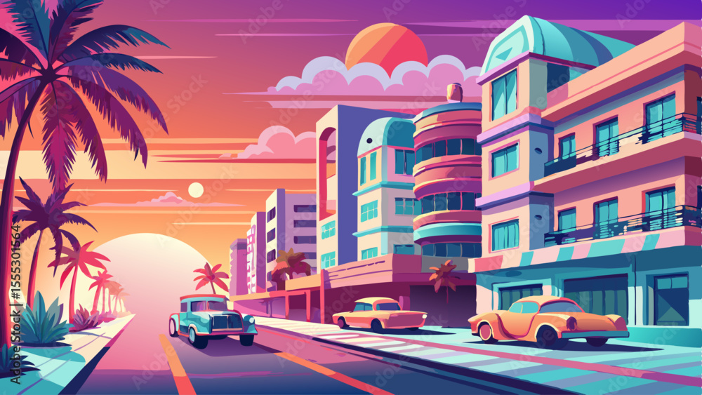 Obraz premium Pastel Art Deco buildings line Ocean Drive, glowing under a warm sunrise. Palm trees sway beside turquoise waters. Classic cars in soft pink and teal reflect the early light. Smooth sand and gentle 