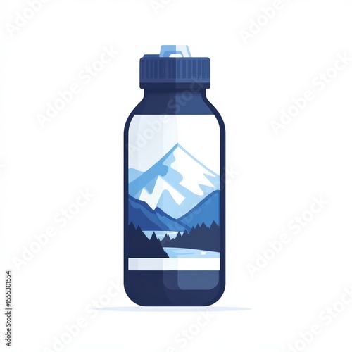 A blue water bottle features a scenic mountain landscape with snow-capped peaks, pine trees, and a river, symbolizing nature and outdoor adventure.