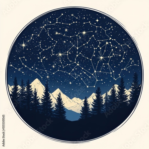 A circular illustration of a starry night sky with constellations above snow-capped mountains and pine trees.