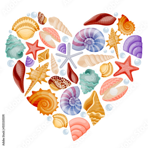 Seashells in heart shape. Summer background with shells.. Vector illustration for beach, marine theme prints design
