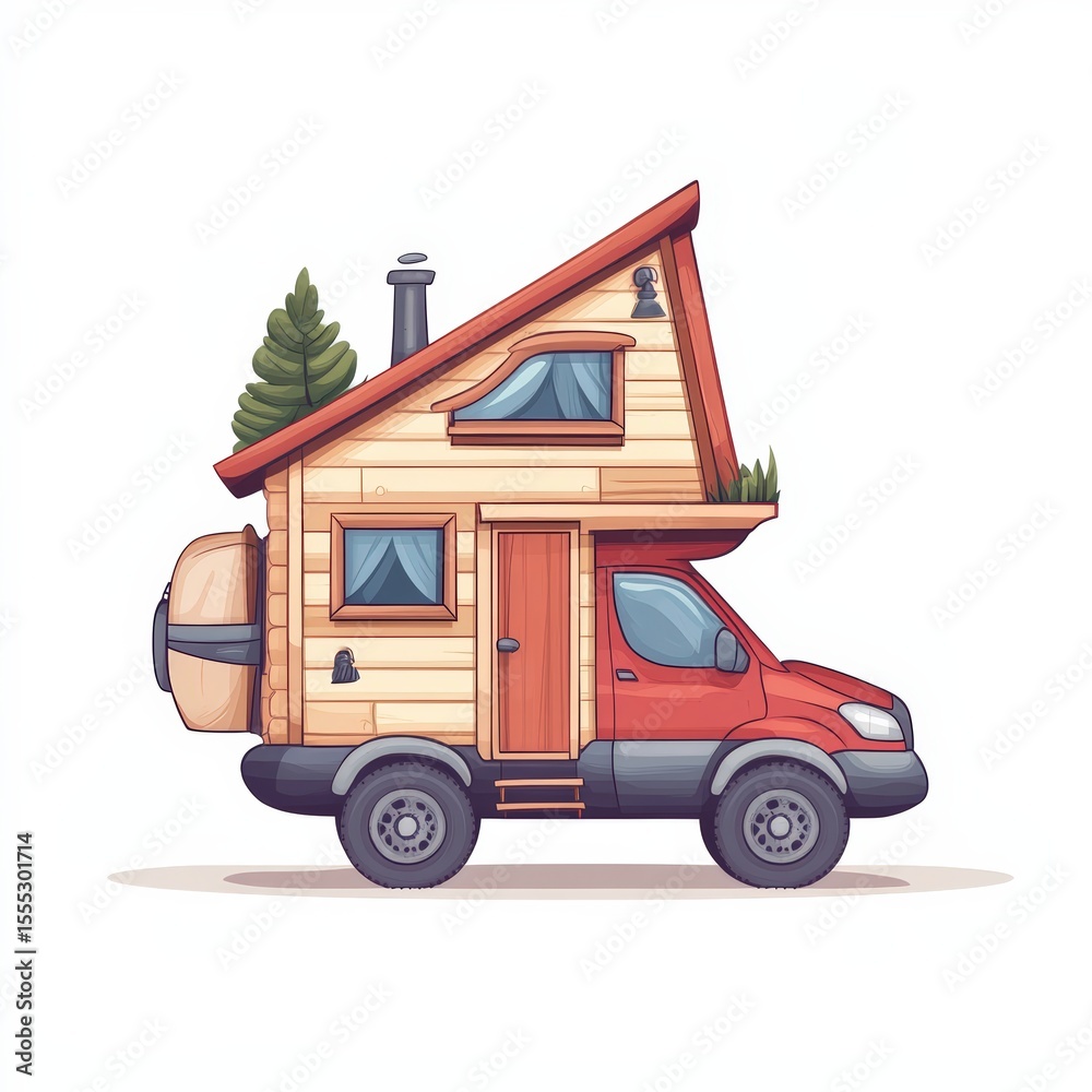 Obraz premium A red truck converted into a cozy wooden camper with a slanted roof, windows, chimney, and a tree on top, blending travel and home comfort.