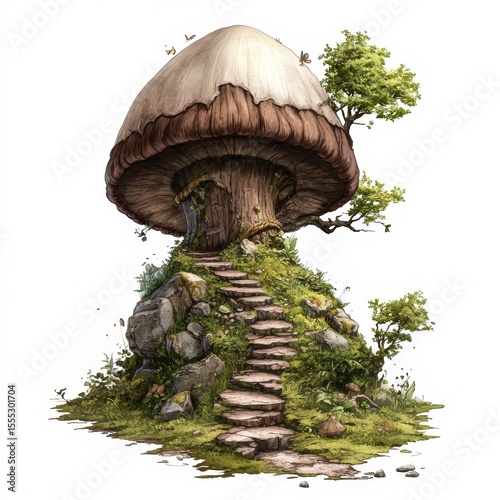 A whimsical mushroom-shaped house atop a rocky hill with stone steps, surrounded by greenery and small trees, blending fantasy and nature elements.