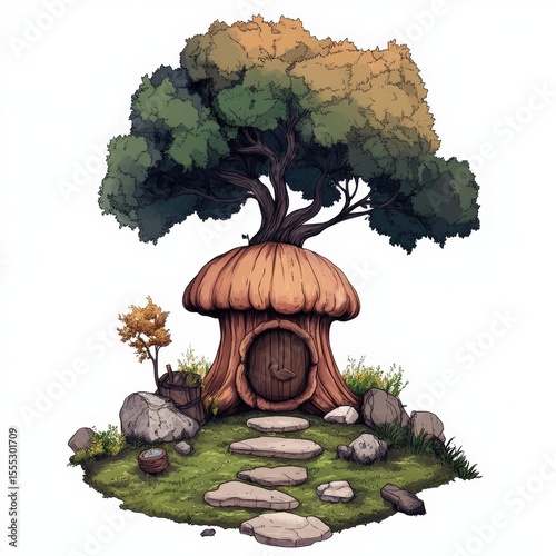 A whimsical mushroom-shaped house with a round door, nestled under a large, leafy tree surrounded by stones, grass, and a small wooden barrel.