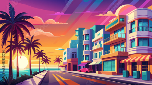 Pastel Art Deco buildings line Ocean Drive, glowing under a warm sunrise. Palm trees sway beside turquoise waters. Classic cars in soft pink and teal reflect the early light. Smooth sand and gentle 