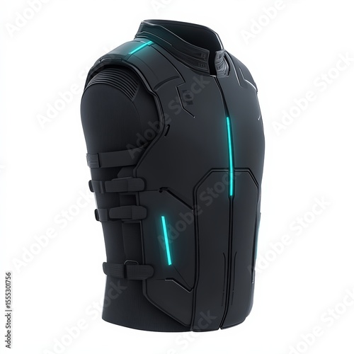 Futuristic black armored vest with glowing blue neon lines and adjustable straps, designed for high-tech protection and mobility.