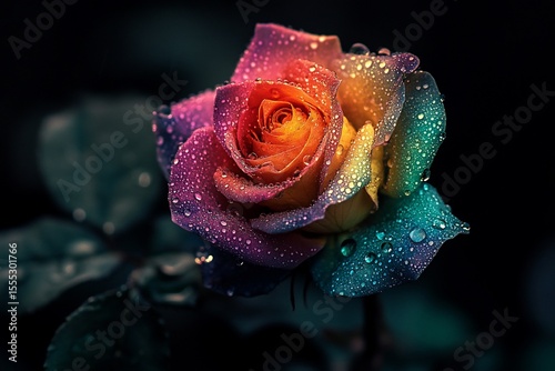Vibrant rose with iridescent hues and water droplets