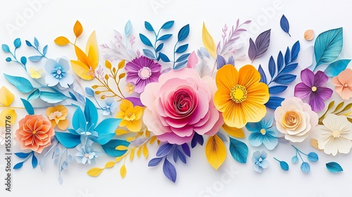 Vibrant paper flowers and leaves arranged in a horizontal design