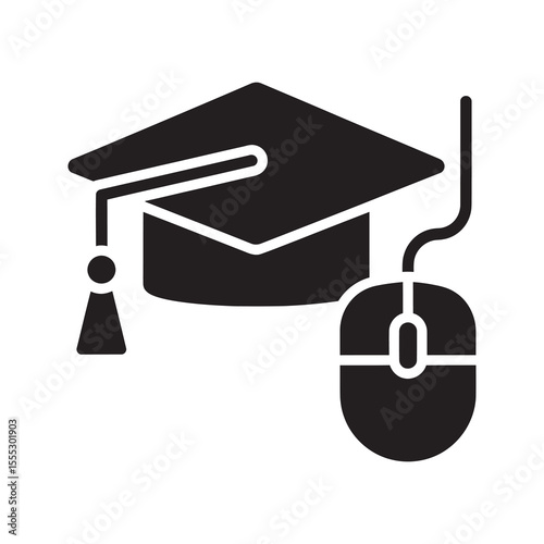 Online education icon with graduation cap and computer mouse for e-learning course distance learning and digital university degree program vector solid glyph icon