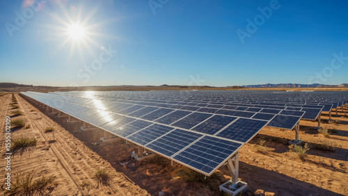 Solar panels absorb sunlight in desert landscape during clear day