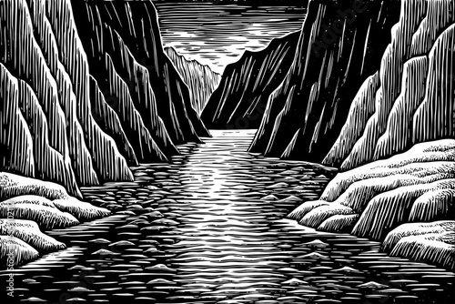 icy fjord surrounded by steep cliffs and melting glaciers, a black and white sketch vector