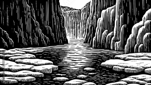 icy fjord surrounded by steep cliffs and melting glaciers, a black and white sketch vector