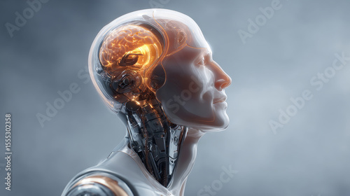 Ai humanoid portrait with transparent skull digital art futuristic close-up