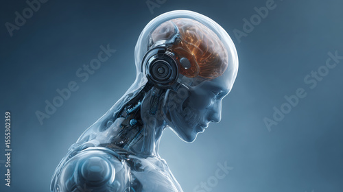 Humanoid ai portrait with transparent skull digital art futuristic view