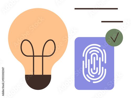 Light bulb symbolizing ideas paired with a fingerprint and checkmark for authentication, security, and innovation. Ideal for technology, creativity, security, innovation, digital access, biometrics
