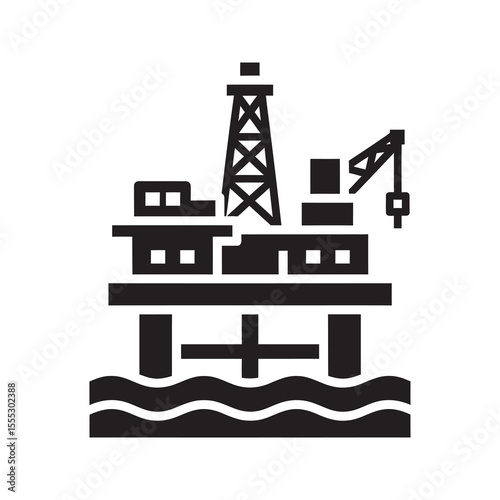 Offshore oil rig icon for petroleum exploration and fossil fuel extraction representing the energy industry and drilling platform at sea vector solid glyph icon