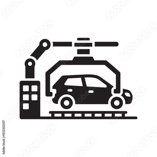 Automotive assembly line icon with car and robotic arm for vehicle manufacturing and modern factory production process with automation vector solid glyph icon