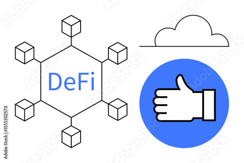 Hexagonal decentralized blockchain network labeled DeFi, cloud design, blue hand approval icon. Ideal for cryptocurrency, blockchain, cloud computing, finance, decision-making, technology simple