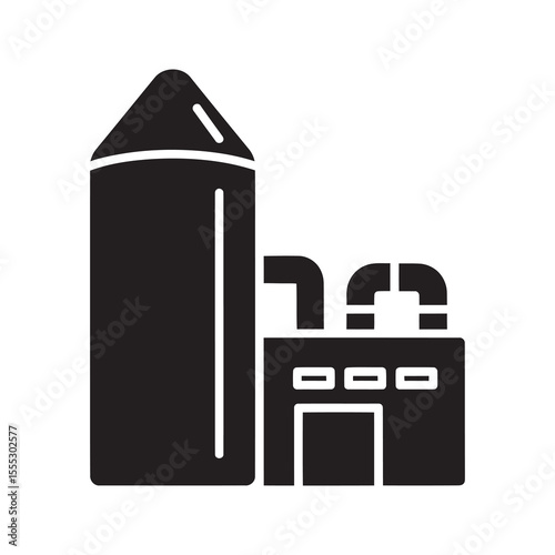 Industrial plant icon with factory building and silo for manufacturing production and storage of raw materials or finished products vector solid glyph icon