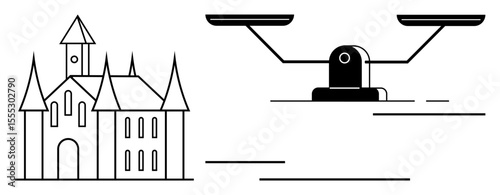 Gothic-style castle and balance scales symbolizing justice, equality, and governance. Ideal for themes of law, authority, fairness, equity, history integrity decision-making. Simple flat metaphor