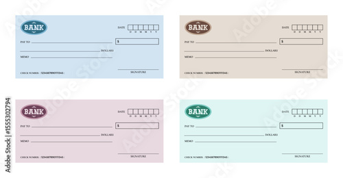 Bank check template collection. Bank cheque template set
