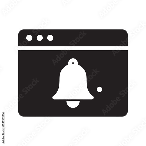 Web notification icon with a bell symbol inside a browser window for user alerts subscriptions updates and important online message reminders vector solid glyph icon