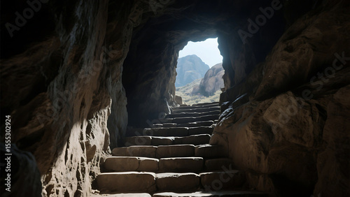 Ancient stone steps ascend from a dark cave towards a bright rocky landscape