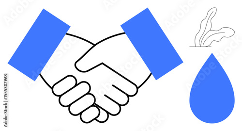 Two hands shaking symbolizing agreement, alongside water droplet and plant sprout. Ideal for teamwork, sustainability, eco-friendly practices, collaboration, agreement, water conservation