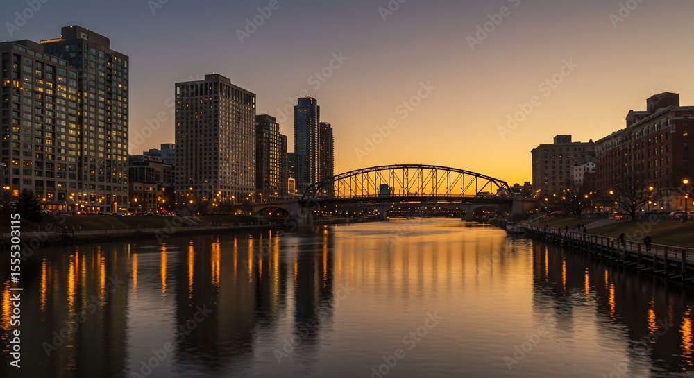 Fototapeta premium Golden Hour Cityscape Bridge River and Buildings at Sunset