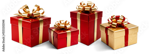christmas presents in red and golden color in row, isolated