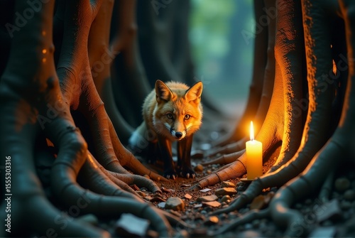 A curious fox stands in a dimly lit forest, illuminated by a flickering candle.