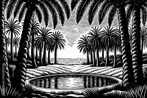 Desert oasis with palm trees and a still pond in the center, a black and white sketch vector hand drawn