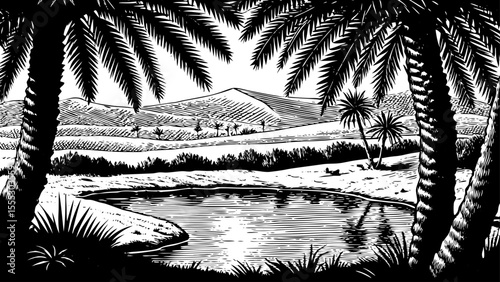 Desert oasis with palm trees and a still pond in the center, a black and white sketch vector hand drawn