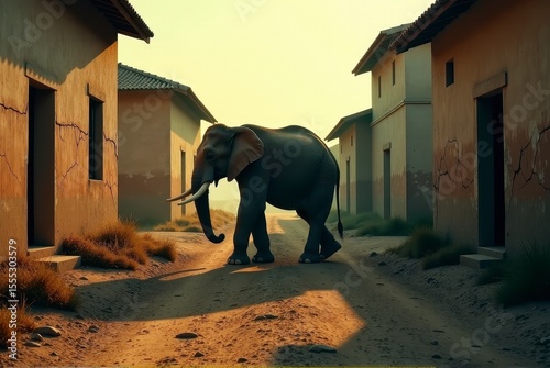 An elephant strolls through an empty village, illuminated by the warm glow of sunset.