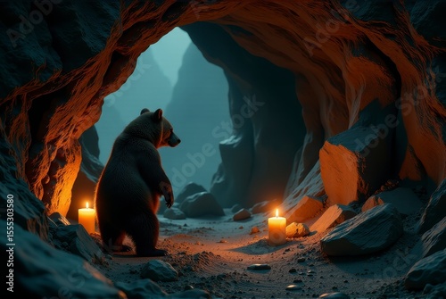 A bear stands in a dimly lit cave, surrounded by flickering candles, creating an eerie ambiance.