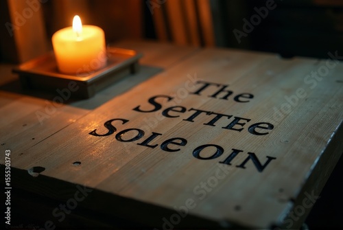A warm candle illuminates a rustic wooden table with the words The Setting Stone. back to school