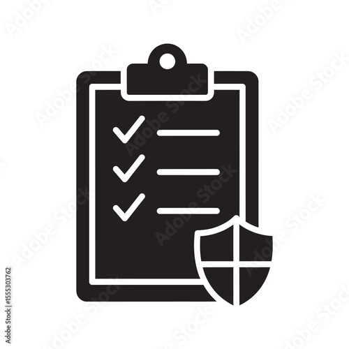 Safety checklist icon with a clipboard and shield representing compliance inspection security audit and adherence to safety policy and regulation vector solid glyph icon