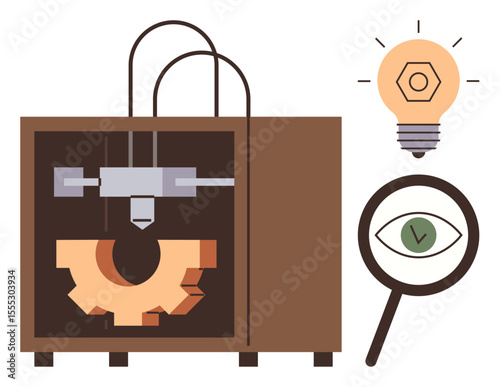 3D printer creating a gear alongside a glowing lightbulb and magnifying lens over an eye. Ideal for technology, innovation, engineering, creativity, manufacturing, research, and simplicity themes