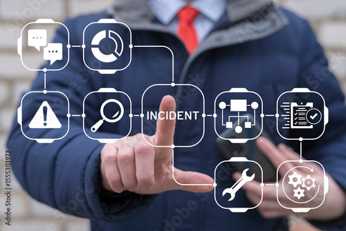 Concept of incident. Incident response plan and management. Business person using virtual touch screen presses the word: INCIDENT.