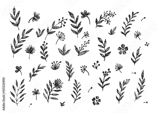 Hand-Drawn Black Botanical Elements EPS PNG - Sketch Leaves, Branches, Floral Doodles, or Nature Graphics, plants, flowers, pencil marker doodle, sketch line style elements.