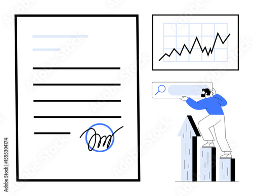 Signed contract, growth chart, individual on arrow bars searching with magnifier. Ideal for business agreements, analytics, career growth, success, goal setting, financial strategy simple flat