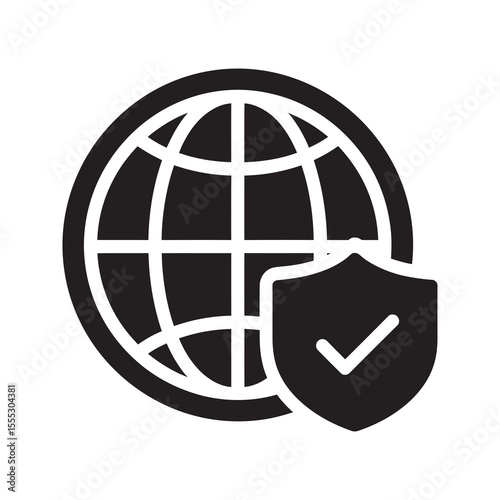 Global security icon showing internet protection worldwide network safety and international data defense with a globe and shield for cybersecurity vector solid glyph icon