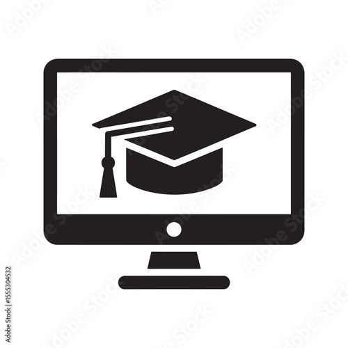 E-learning icon for online education digital course and virtual webinar training with a graduation cap on a computer monitor for remote learning vector solid glyph icon