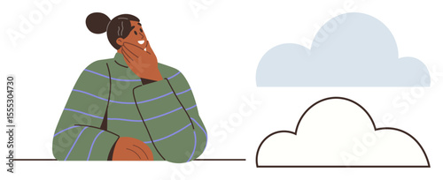 Person in contemplative pose beside cloud outline and filled-in cloud. Ideal for imagination, creativity, problem-solving, introspection, abstract thinking, innovation, and mindfulness. A simple flat