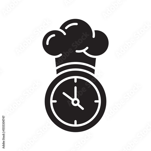 Cooking time icon with a chef hat and a clock for food preparation timer recipe instruction and restaurant kitchen management for meal service vector solid glyph icon