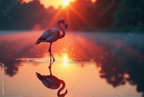 A flamingo stands gracefully in water during sunrise, creating a stunning reflection.