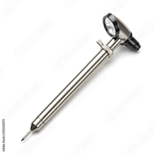 Surgical Instrument: A gleaming, stainless steel trocar with integrated light source, ready for medical procedures.