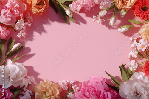 Background with floral pink frame. Frame of pink flowers in pink flowers in pink flowers. Floral background with text frame.